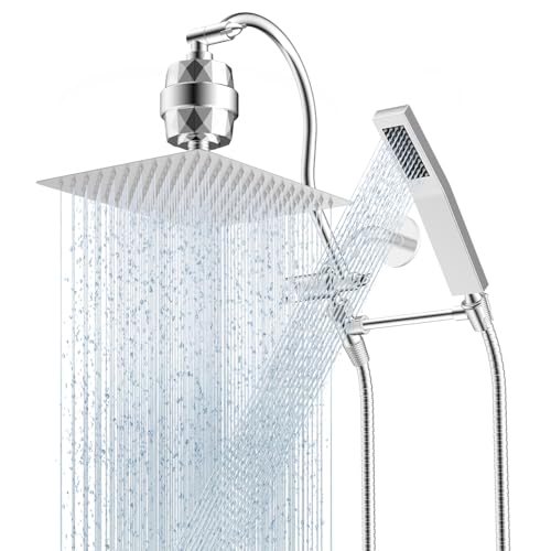 Hibbent All Metal 12'' Filtered Rainfall Shower Head Combo, High Pressure Handheld Shower Wand, 12'' Adjustable Curved Extension Arm, 20 Stage Shower Filter, 71'' Hose, Shower Head Holders, Chrome - Image 1