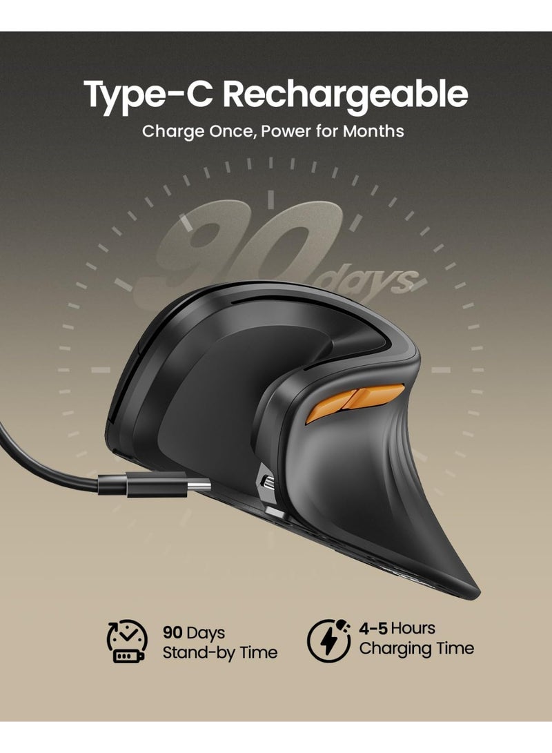 ProtoArc Ergonomic Mouse, EM11 NL Bluetooth Rechargeable Wireless Vertical Mouse, 3 Multi-Device Connectivity for Computer/PC/Laptop, 2.4GHz Optical Mice for Windows, Mac OS, Black - Image 3
