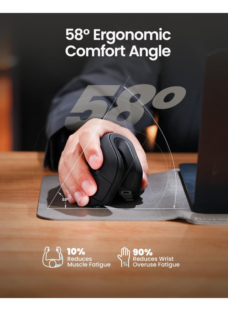 ProtoArc Ergonomic Mouse, EM11 NL Bluetooth Rechargeable Wireless Vertical Mouse, 3 Multi-Device Connectivity for Computer/PC/Laptop, 2.4GHz Optical Mice for Windows, Mac OS, Black - Image 4