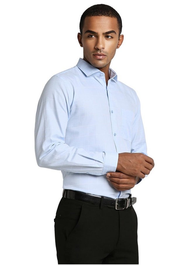 Peter England Peter England Men's Sophisticated Subtle Micro-Checkered Formal Slim Fit Shirt Sky Blue  - Image 2