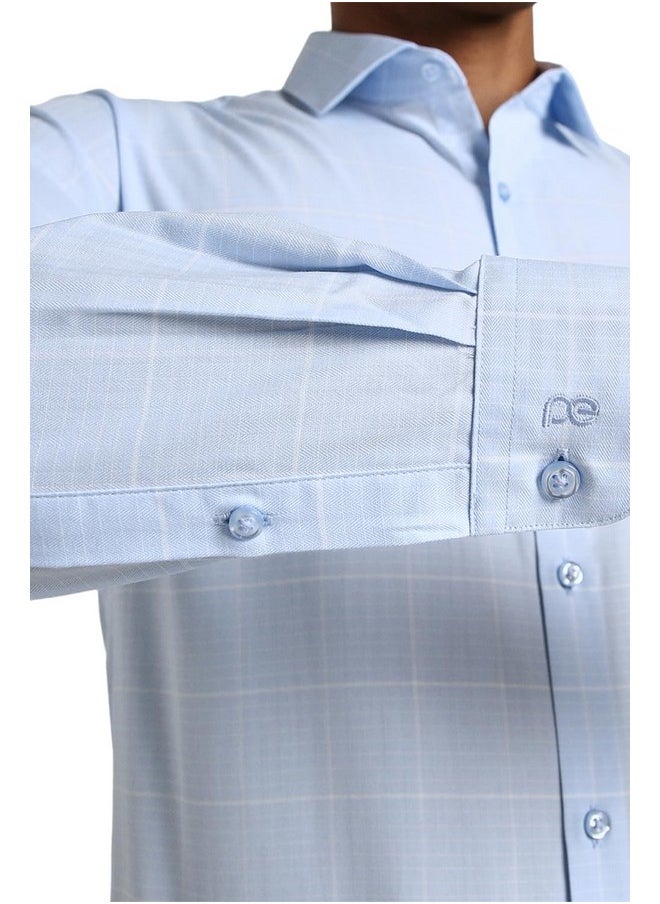 Peter England Peter England Men's Sophisticated Subtle Micro-Checkered Formal Slim Fit Shirt Sky Blue  - Image 5
