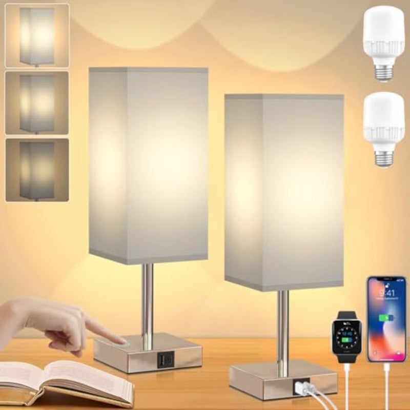 مصباح طاولة، مصابيح بجانب السرير تعمل باللمس مع منافذ USB A+C و3 إعدادات سطوع، مصباح منضدة لغرفة النوم وغرفة المعيشة متضمن - Image 2