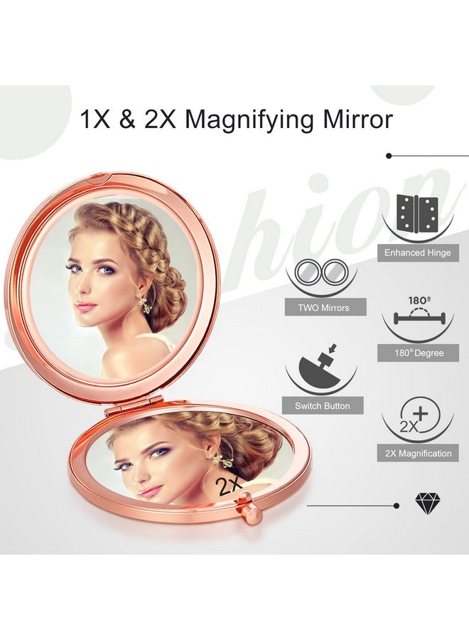 يوليجو قطع مرآة مكياج صغيرة الحجم ومكبرة من الماس 1X/ 2X مرآة مكياج بجيب دائري 2.75 بوصة، مرآة مكياج للسفر قابلة للطي بحجم محفظة صغيرة للنساء والفتيات هدية وصيفة العروس (ذهبي وردي) - Image 3