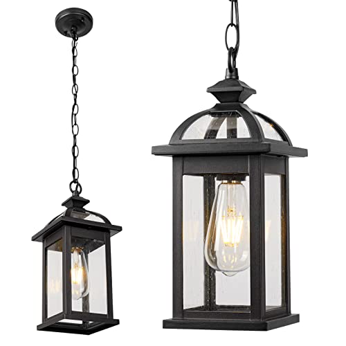 Darkaway Outdoor Pendant Light Fixture Lantern, Hanging Porch Light with Glass Aluminum Outdoor Pendant Lights for Porch, Patio, Entryway (1 Pack, Black) - Image 1