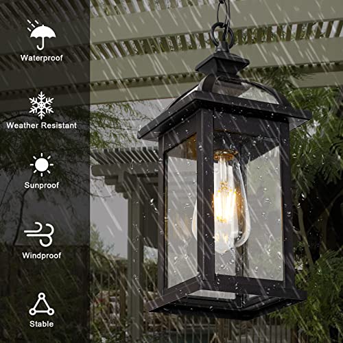 Darkaway Outdoor Pendant Light Fixture Lantern, Hanging Porch Light with Glass Aluminum Outdoor Pendant Lights for Porch, Patio, Entryway (1 Pack, Black) - Image 2