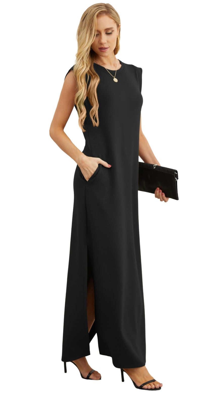 GRECERELLE Women's Summer Casual Crew Neck Split Beach Long Maxi Dress with Pockets (XX-Large, Black) - Image 4