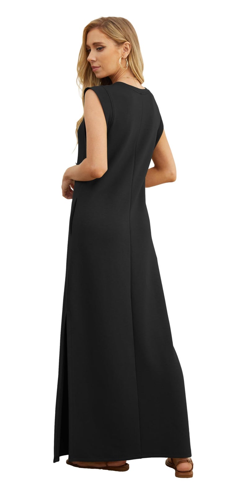 GRECERELLE Women's Summer Casual Crew Neck Split Beach Long Maxi Dress with Pockets (XX-Large, Black) - Image 5