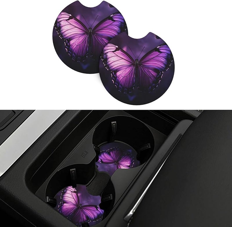 Butterfly Purple Non Slip Absorbent Car Cup Holder Coaster Mat Universal 2 Pack - Image 1