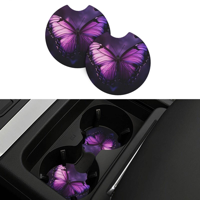 Butterfly Purple Non Slip Absorbent Car Cup Holder Coaster Mat Universal 2 Pack - Image 2