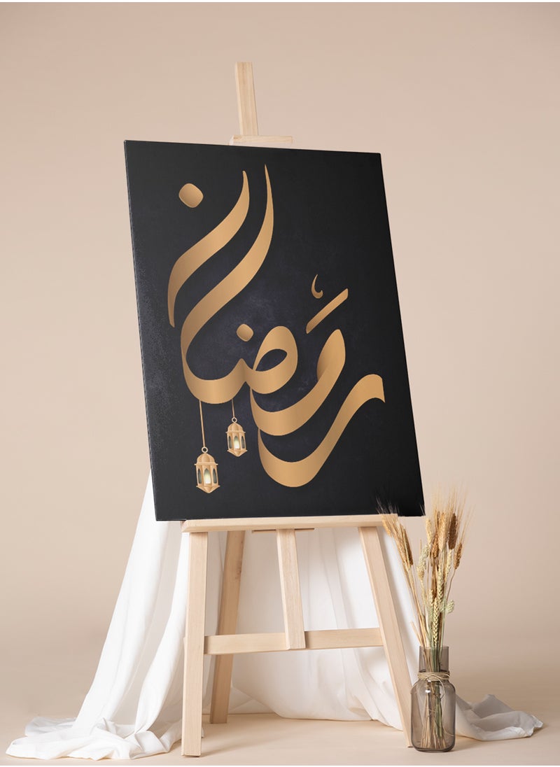 LOWHA - Canvas Wall Art Stretched Over Wooden Frame with Ramadan in Arabic Calligraphy and Lanterns Painting - Image 1