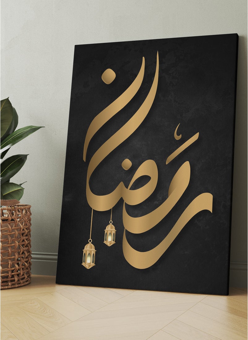 LOWHA - Canvas Wall Art Stretched Over Wooden Frame with Ramadan in Arabic Calligraphy and Lanterns Painting - Image 1