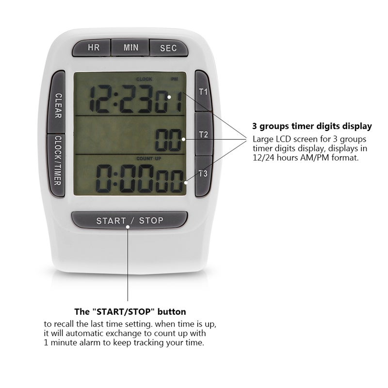 Portable Digital Multi channel 3 Channels LCD Timer Accurate Timing Countdown Clock - Image 3