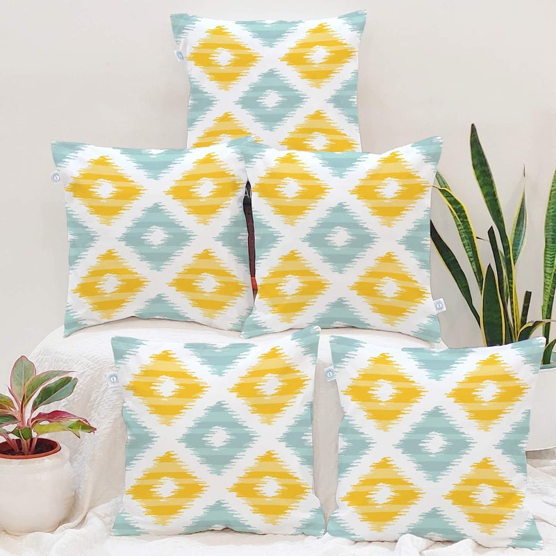STITCHNEST Ikat Yellow Teal Digital Printed Cotton Cushion Cover Pack of 5 12 X 12 Inches