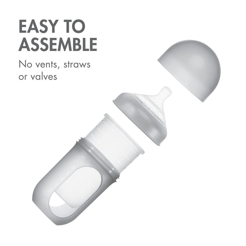 BOON زجاجات الأطفال بوون نورش القابلة لإعادة الاستخدام - حلمة تدفق متوسط - كيس زجاجة الأطفال السيليكون وحلمة - أساسيات تغذية الأطفال - رمادي - 3-6 أشهر - 3 قطع - 8 أونصات - Image 3