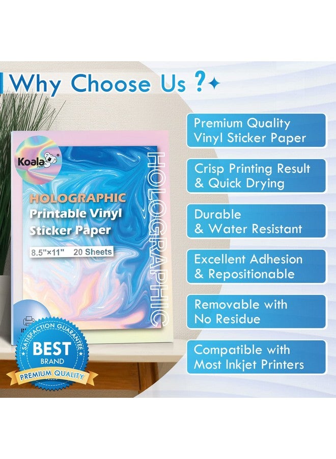 KOALA PAPER Koala Holographic Sticker Paper For Inkjet Printer 20 Sheets 8.5X11 Inch Printable Vinyl Sticker Paper Rainbow Waterproof Sticker Paper, Dries Quickly, Vivid Color, Tear Resistant - Image 2