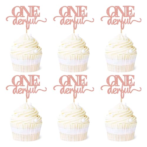 Ercadio 24 Pack Onederful Cupcake Toppers Rose Gold Glitter Onederful Cupcake Picks Onederful Cupcake Decorations for Baby Shower Kids first Birthday Theme Party Cake Decoration Supplies - Image 1