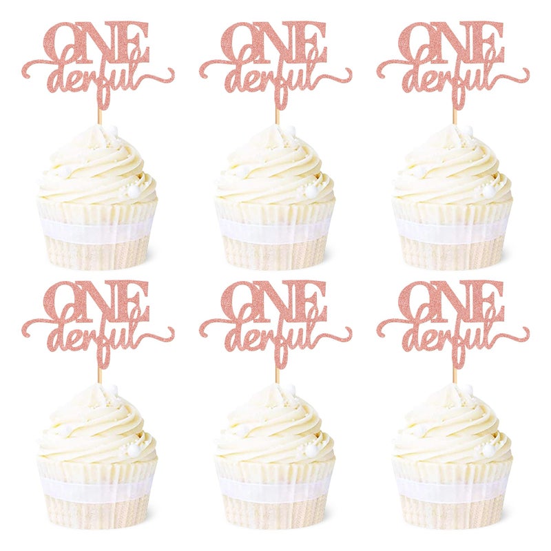 Ercadio 24 Pack Onederful Cupcake Toppers Rose Gold Glitter Onederful Cupcake Picks Onederful Cupcake Decorations for Baby Shower Kids first Birthday Theme Party Cake Decoration Supplies - Image 2