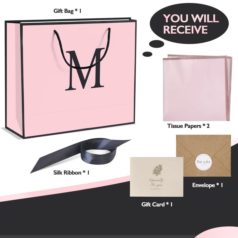 QLSKO Personalized Initial Paper Bag for Women Grils,Monogrammed Gift Bag with Bow Ribbon,Wrapping Tissue and Card Matching Envelope Sticker (Pink, M-Medium) - Image 2