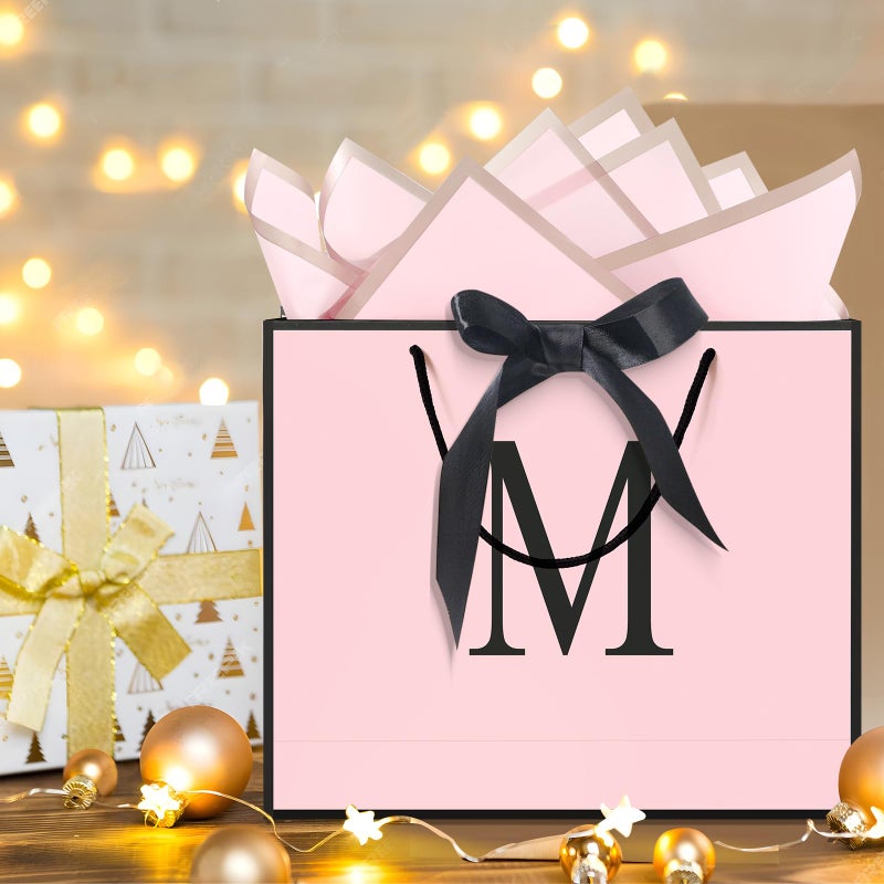 QLSKO Personalized Initial Paper Bag for Women Grils,Monogrammed Gift Bag with Bow Ribbon,Wrapping Tissue and Card Matching Envelope Sticker (Pink, M-Medium) - Image 4