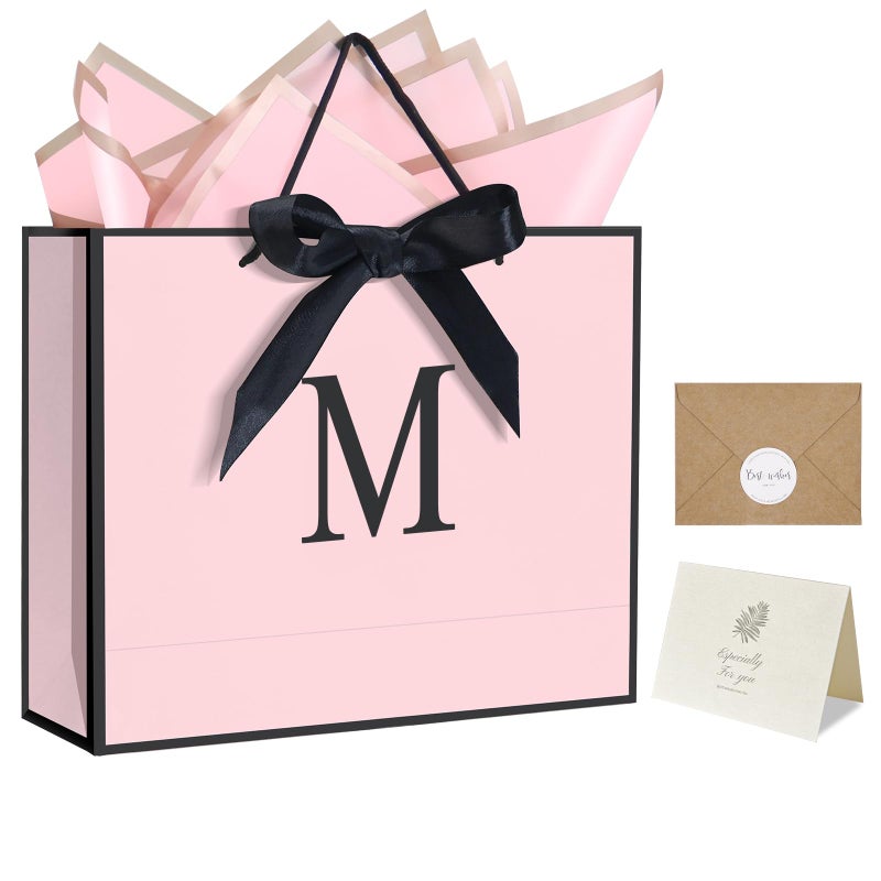 QLSKO Personalized Initial Paper Bag for Women Grils,Monogrammed Gift Bag with Bow Ribbon,Wrapping Tissue and Card Matching Envelope Sticker (Pink, M-Medium) - Image 1