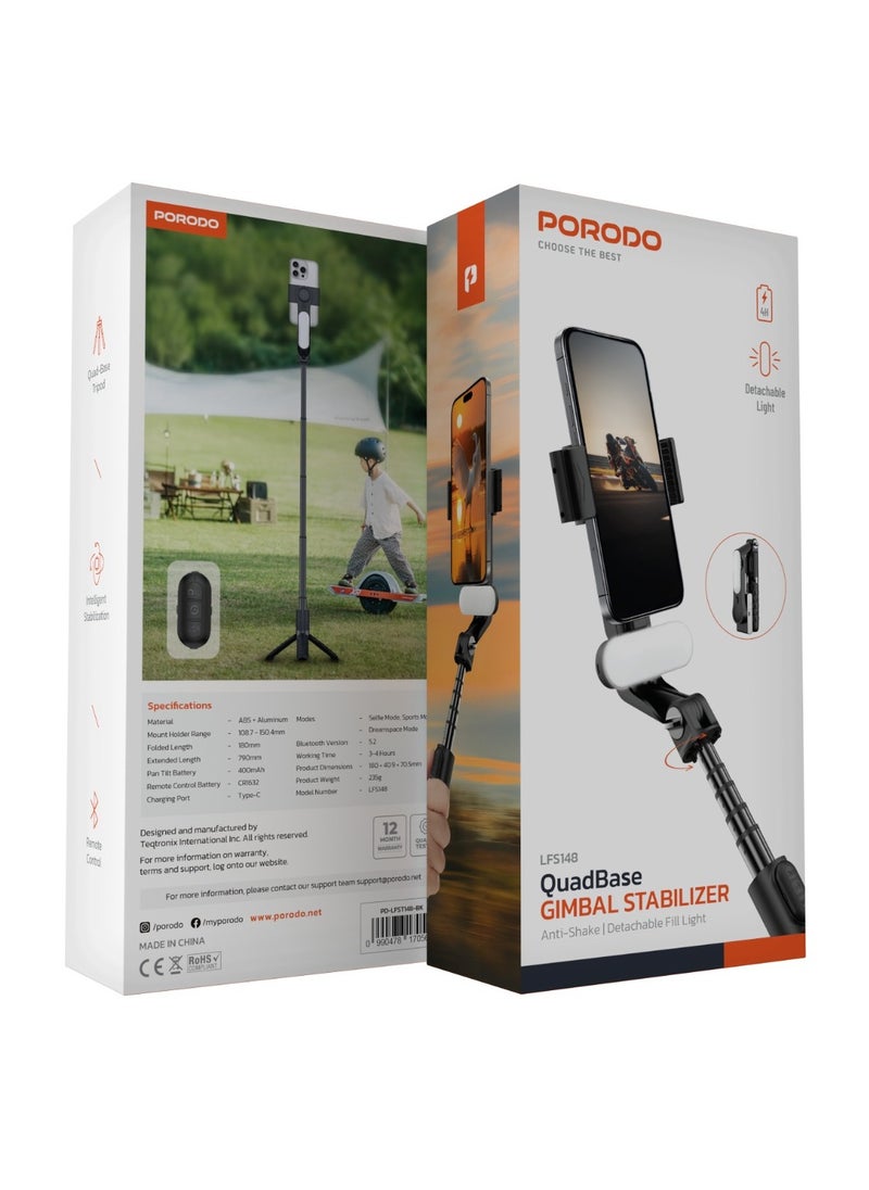 porodo - QuadBase Gimbal Stabilizer Tripod with Detachable Light & Multi Modes / Remote Control Included / 400 mAh Rechargeable Battery / Intelligent Stabilization / 5.2 Bluetooth Version / 4 Hours Working Time - Black - Image 1