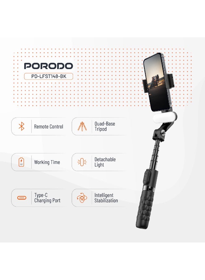 porodo QuadBase Gimbal Stabilizer Tripod with Detachable Light & Multi Modes / Remote Control Included / 400 mAh Rechargeable Battery / Intelligent Stabilization / 5.2 Bluetooth Version / 4 Hours Working Time - Black - Image 2