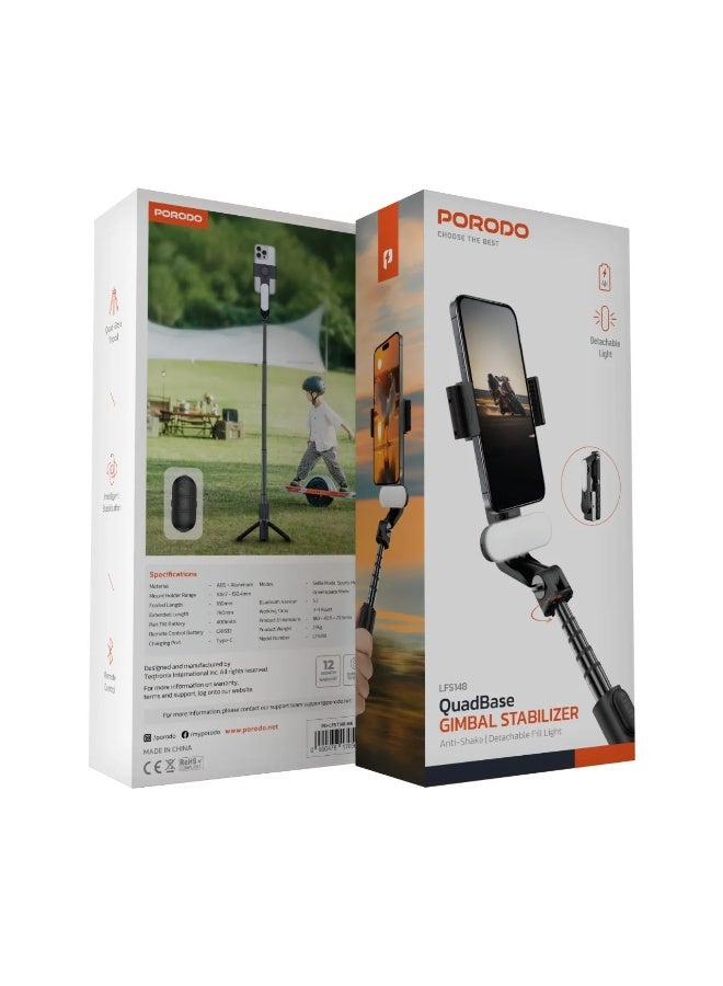 porodo QuadBase Gimbal Stabilizer Tripod with Detachable Light & Multi Modes / Remote Control Included / 400 mAh Rechargeable Battery / Intelligent Stabilization / 5.2 Bluetooth Version / 4 Hours Working Time - Black - Image 4