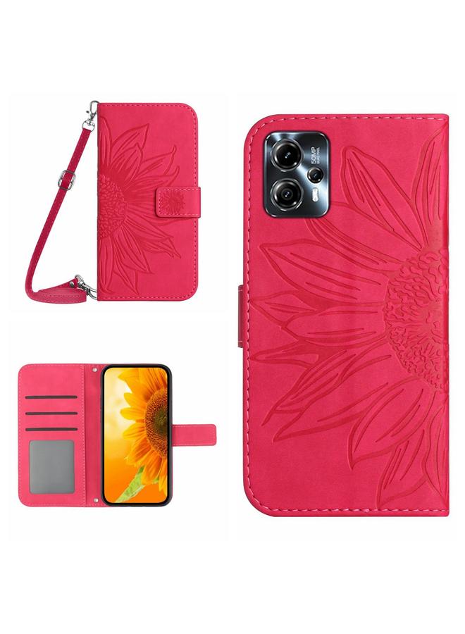 اس-توب جراب لهاتف Motorola Moto G23 4G/G13 4G HT04 جراب هاتف جلدي قابل للطي منقوش عليه زهور الشمس مع حبل تعليق - Image 1