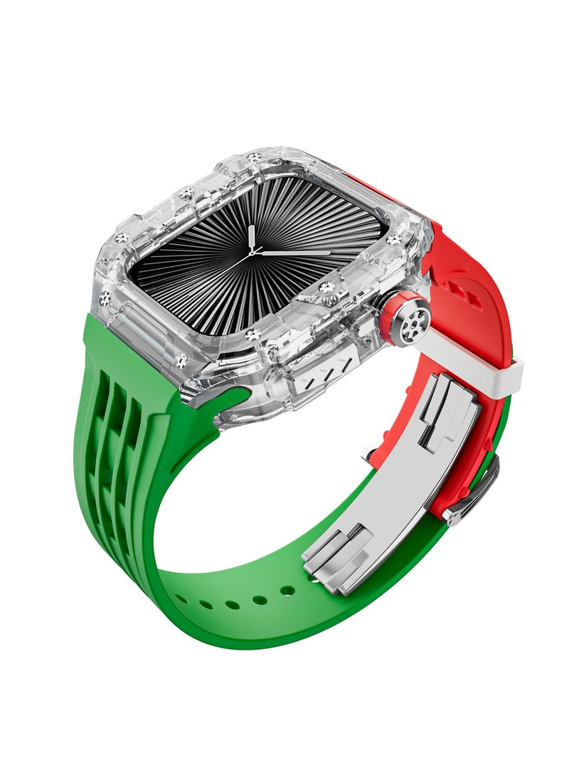 Beauenty Fluororubber Band with Quick Release Case for Apple Watch Series 10 46mm, Luxury Richard RM Mod Kit for Apple iWatch S10 46mm, Clear-Red Green-Silver  - Image 3