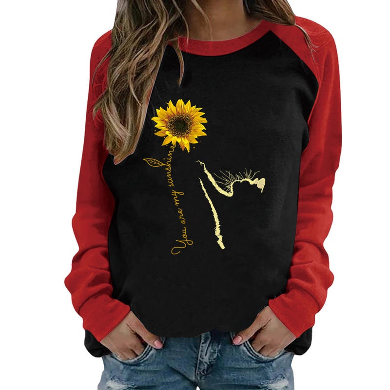 wish 2021 Spring New Women's Cat Printed Multicolor Pattern Urban Casual Raglan Long-sleeved T-shirt - Image 2