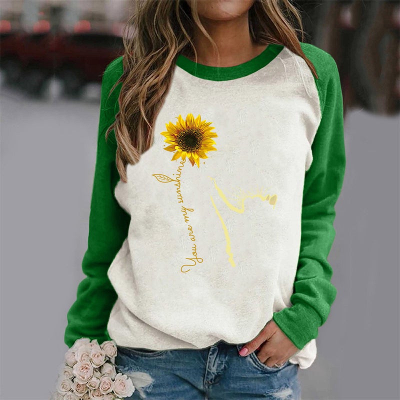 wish 2021 Spring New Women's Cat Printed Multicolor Pattern Urban Casual Raglan Long-sleeved T-shirt - Image 4