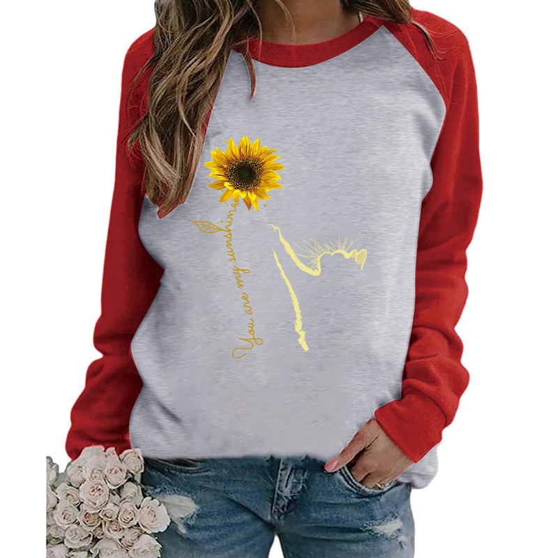 wish 2021 Spring New Women's Cat Printed Multicolor Pattern Urban Casual Raglan Long-sleeved T-shirt - Image 3