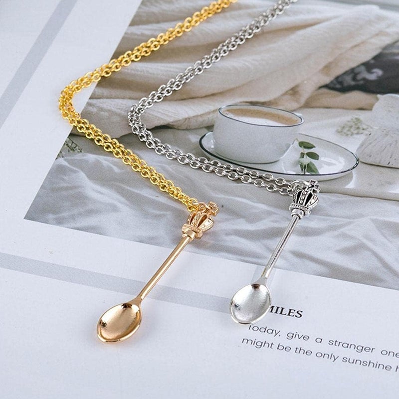 woobles Tiny Tea Spoon Shape Pendant Necklace with Crown for Women Creative Mini Long Link Jewelry Spoon Necklace gold - Image 1