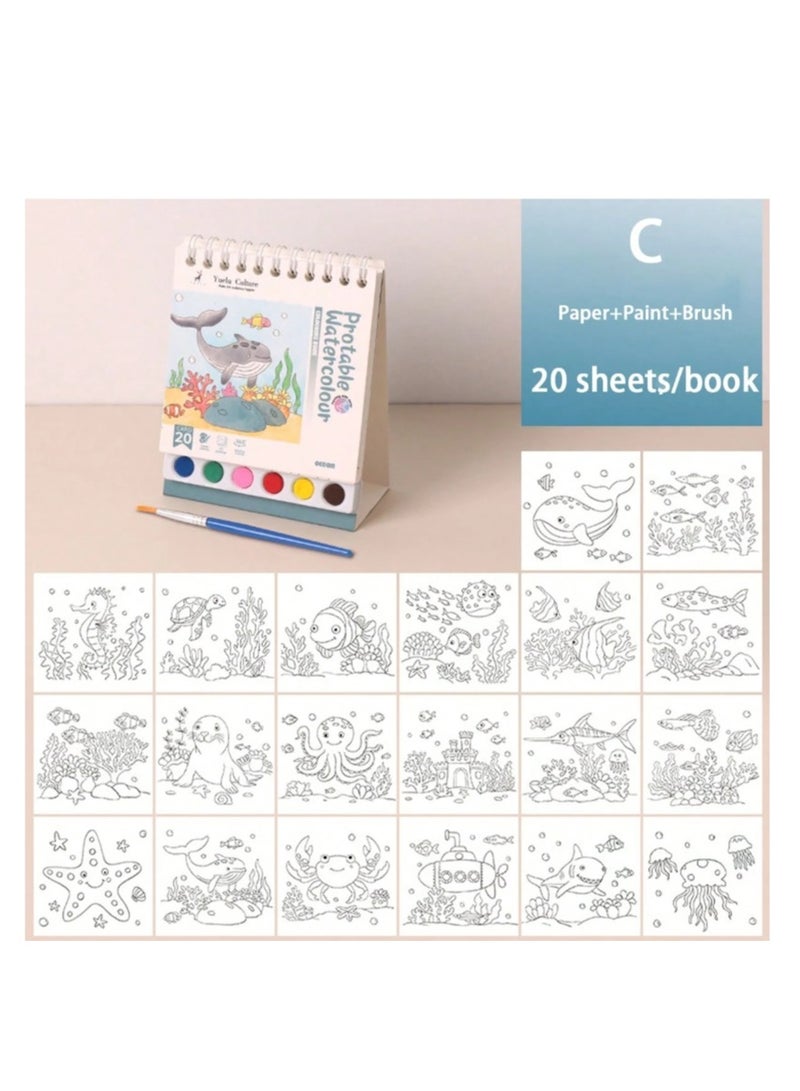 YUELU Watercolor Painting Paper Set & Diy Watercolor Kit, Creative Art Kit with Brushes & Paints Paint Coloring Book Forest Sea Fish Series