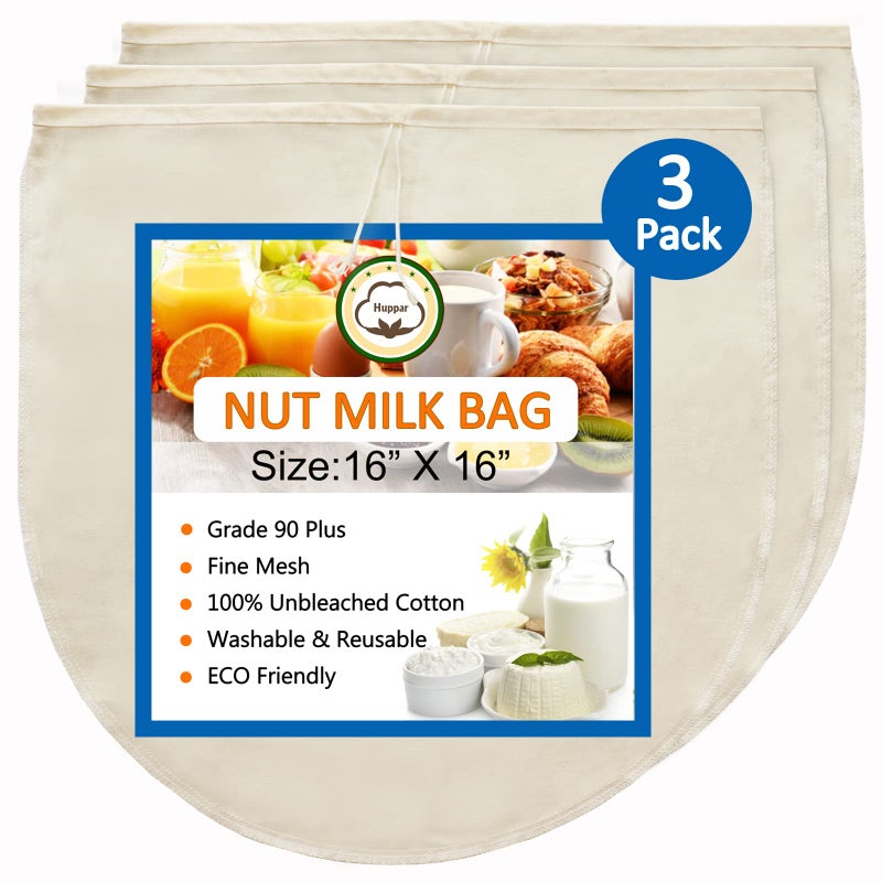 Huppar 3 Pack 16x16 Nut Milk Bag for Straining 100 Unbleached Cotton Cloth Reusable Cheesecloth Strainer for AlmondOatSoy Milk Cold Brew Coffee Filter Bag for CheeseYogurtJuiceWineSoup