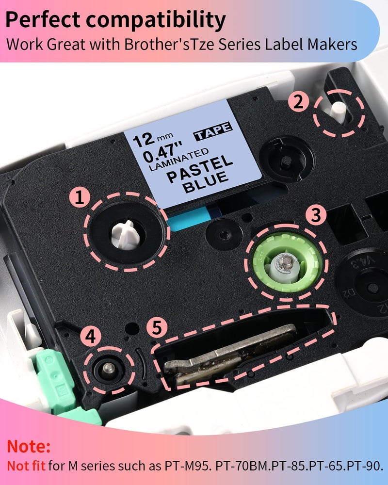 COLORWING 5-Pack Compatible Brother P Touch Label Tape TZe 12mm 0.47 Laminated TZ Tape Colored Label Maker Refills, for Brother Ptouch PT-D210 D220 H110 D400 1000 1280 Printer, White/Berry Pink/Purple/Pink/Blue - Image 2