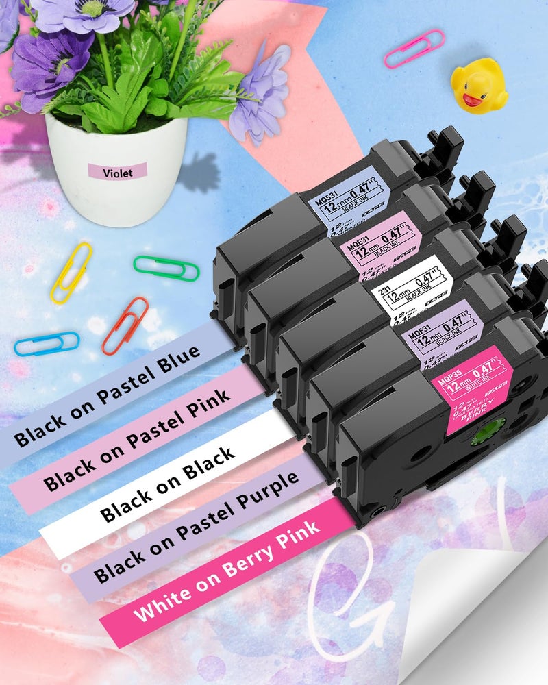 COLORWING 5-Pack Compatible Brother P Touch Label Tape TZe 12mm 0.47 Laminated TZ Tape Colored Label Maker Refills, for Brother Ptouch PT-D210 D220 H110 D400 1000 1280 Printer, White/Berry Pink/Purple/Pink/Blue - Image 5