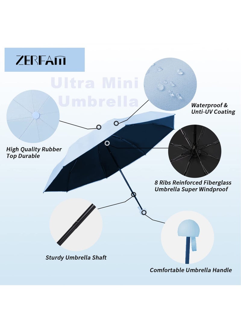 زيريفام مظلة صغيرة للسفر، مظلة صغيرة مدمجة قابلة للطي مع حقيبة، 6 أضلاع، مظلة محمولة خفيفة الوزن وخفيفة الوزن، مظلات فوق البنات والأشعة فوق البنفسجية بجيب للمطر والشمس للأطفال البنات الأولاد النساء (أزرق) - Image 4