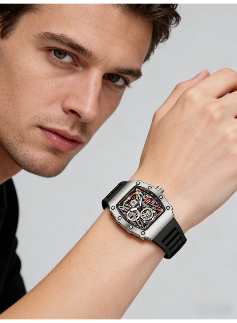 كيمسدون KIMSDUN Luxury Skeleton Automatic Mechanical Watch for Men | Tonneau Silver Case Black Rubber Strap Sport Wristwatch - Image 2