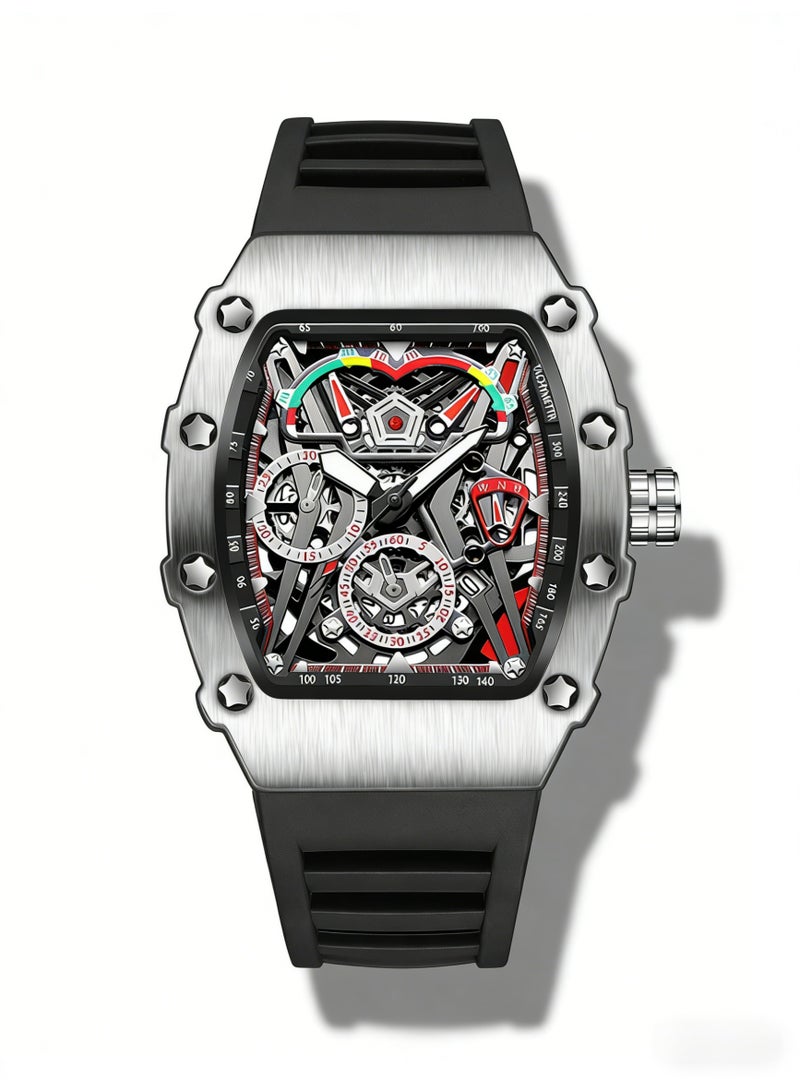 كيمسدون KIMSDUN Luxury Skeleton Automatic Mechanical Watch for Men | Tonneau Silver Case Black Rubber Strap Sport Wristwatch - Image 3