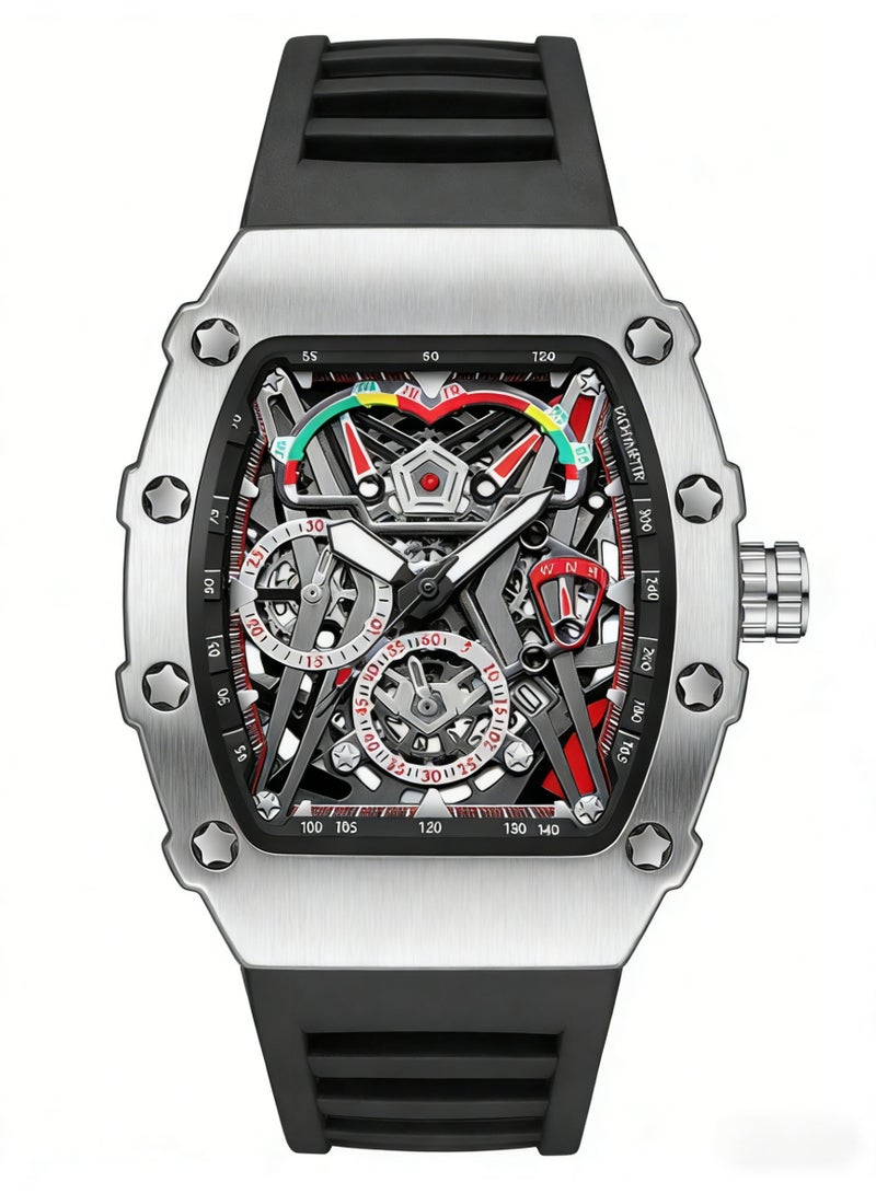 كيمسدون KIMSDUN Luxury Skeleton Automatic Mechanical Watch for Men | Tonneau Silver Case Black Rubber Strap Sport Wristwatch - Image 1