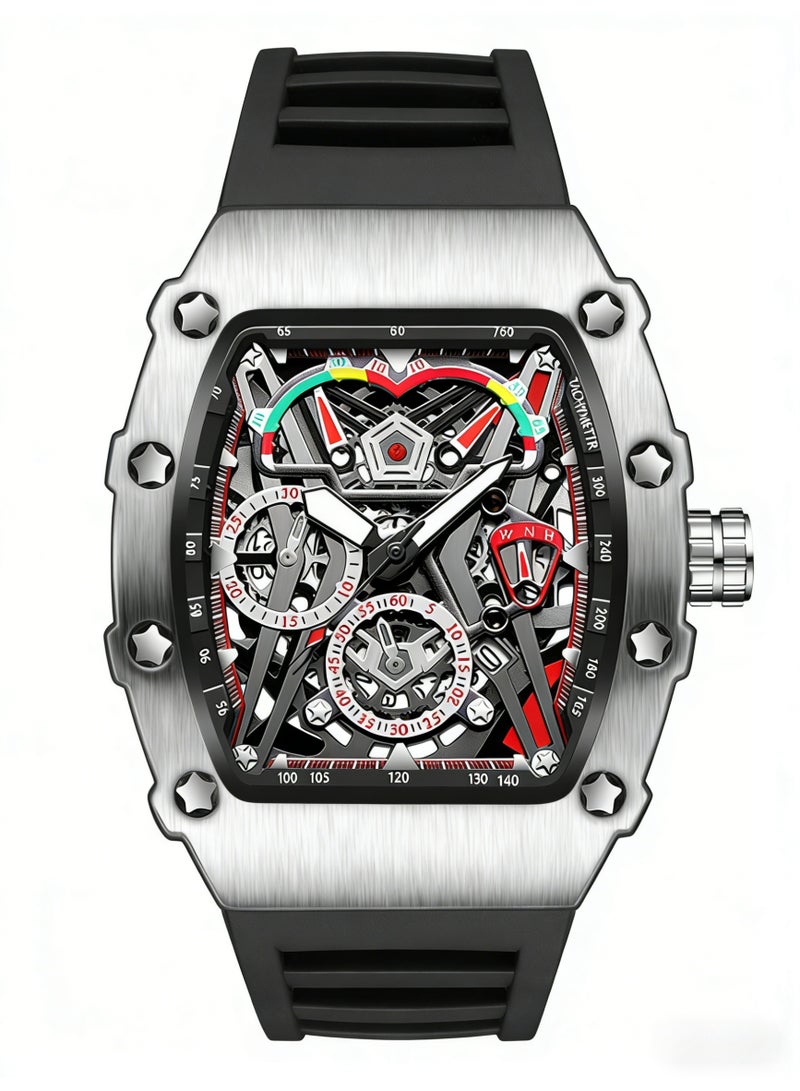 كيمسدون KIMSDUN Luxury Skeleton Automatic Mechanical Watch for Men | Tonneau Silver Case Black Rubber Strap Sport Wristwatch - Image 4