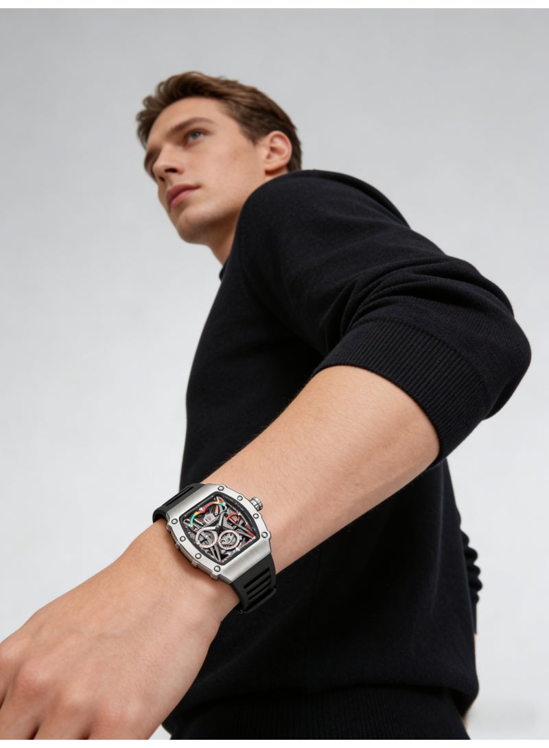 كيمسدون KIMSDUN Luxury Skeleton Automatic Mechanical Watch for Men | Tonneau Silver Case Black Rubber Strap Sport Wristwatch - Image 5