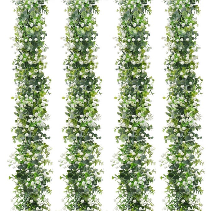 4PCS 24FT ARTIFICIAL EUCALYPTUS GARLAND WITH WHITE FLOWERS FAKE LEAVES GREEN GARLAND ARTIFICIAL FOLIAGE GARLAND GREENERY GARLANDS FOR HOME DECORATION WEDDING BACKDROP TABLE ARCH WALL DECOR