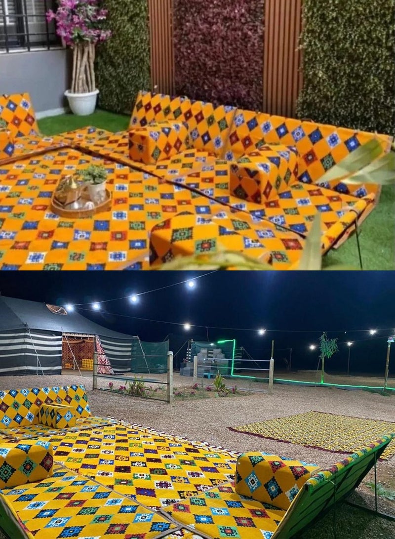 أوت دور طقم كراسي رحلات مع  4 مراكى و 1 فرشة,لـ 8  نفر, طقم جلوس ارضي, كراسي وجلسات الحدائق والمجالس, مثالية للرحلات البرية والتخييم والجلوس والنزهة, تصميم وألوان سعودية تقليدية - Image 3