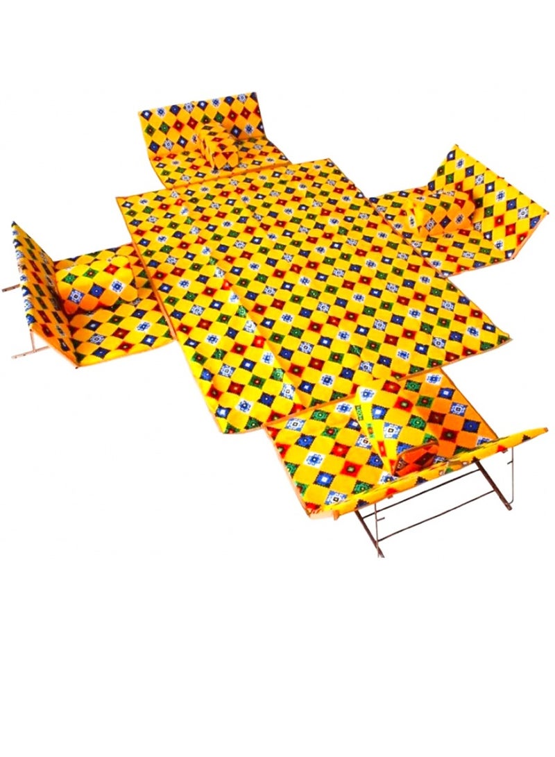 أوت دور طقم كراسي رحلات مع  4 مراكى و 1 فرشة,لـ 8  نفر, طقم جلوس ارضي, كراسي وجلسات الحدائق والمجالس, مثالية للرحلات البرية والتخييم والجلوس والنزهة, تصميم وألوان سعودية تقليدية - Image 1