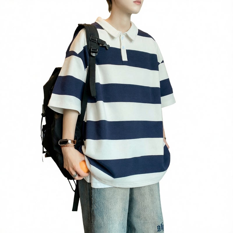 Heavyweight Striped Polo T-Shirt for Men Soft Casual Wear
