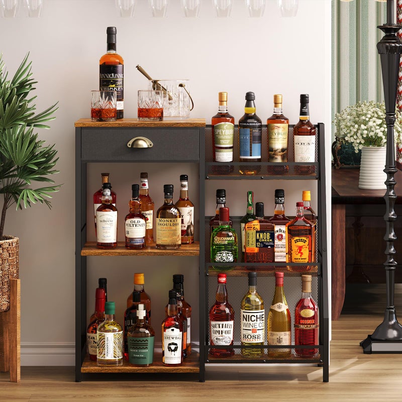 Jakyitvi Liquor Cabinet Bar for Home with Drawer, 3-Tier Wine Rack Freestanding Floor and Wine Shelf with Step Design for Whiskey, Spirits, Vintage Mini Bar for Kitchen Apartment - Image 1