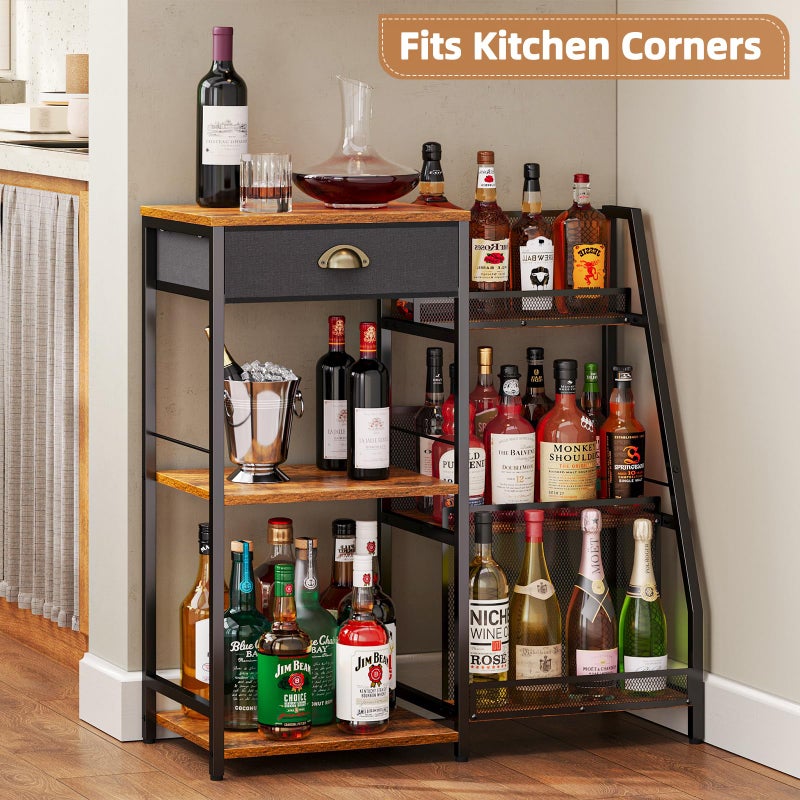 Jakyitvi Liquor Cabinet Bar for Home with Drawer, 3-Tier Wine Rack Freestanding Floor and Wine Shelf with Step Design for Whiskey, Spirits, Vintage Mini Bar for Kitchen Apartment - Image 5