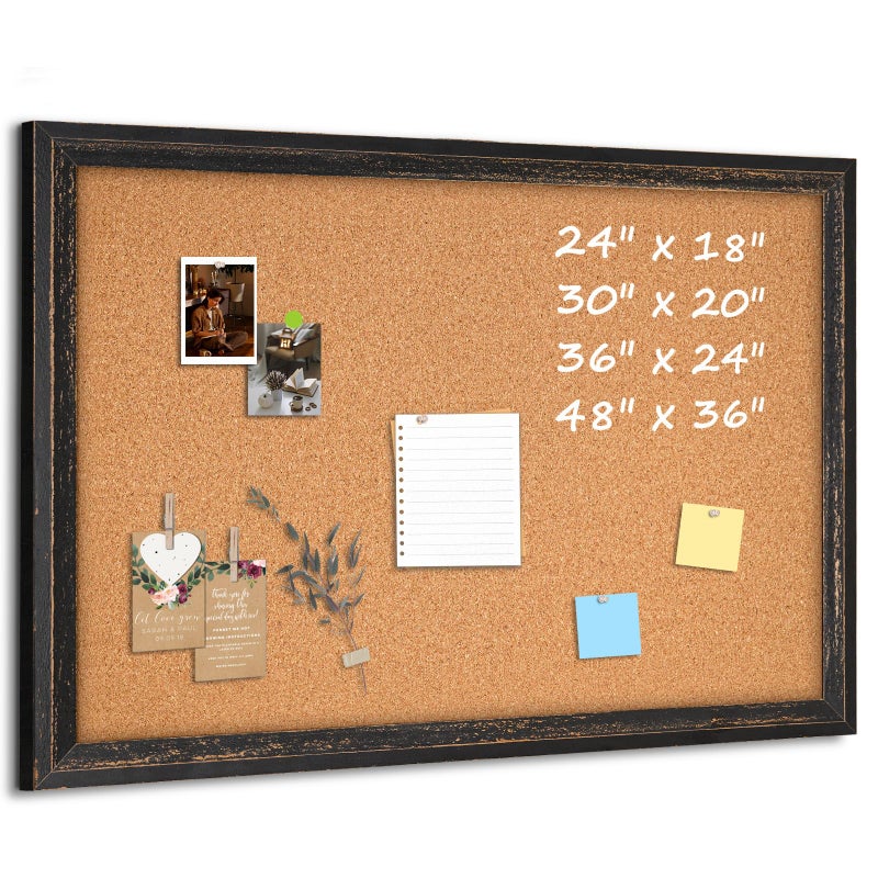 QUEENLINK Cork Bulletin Board, 36" x 24" Corkboard for Wall, Rustic Black Wooden Frame, Hanging Pin Board for Home & Office Decor, 10 Push Pins - Image 1